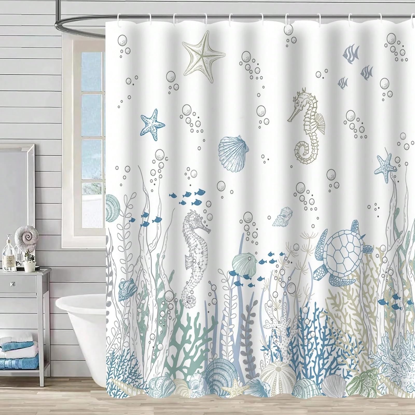 Rideau de douche tortue et bleu océan pour baignoire 198x183 cm