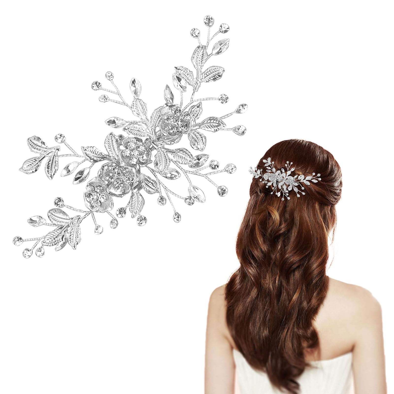 VIKSAUN Horquillas para el Pelo de Boda Plateadas, Tocados de Pelo Boda Accesorios Diadema Novia Mujer Adornos de Pelo, Accesorio de Pelo con Flor de Cristal para Mujeres y Niñas