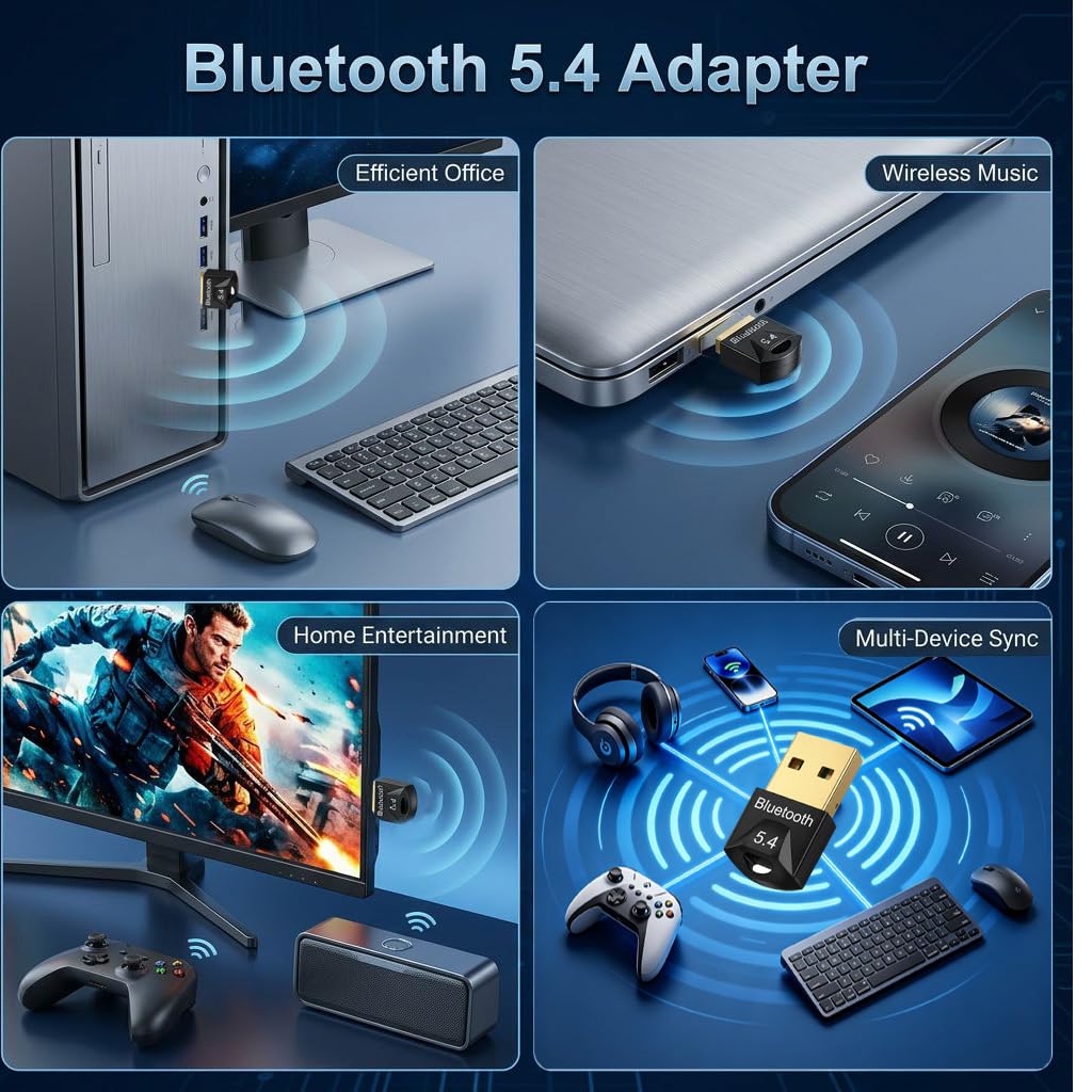 Adaptador Bluetooth 5.4 USB para PC, Receptor Bluetooth Dongle Inalámbrico de Baja Latencia Soporta 7 Dispositivos Compatible con Windows 11 10 8.1 para Auriculares Ratón Teclado Altavoz