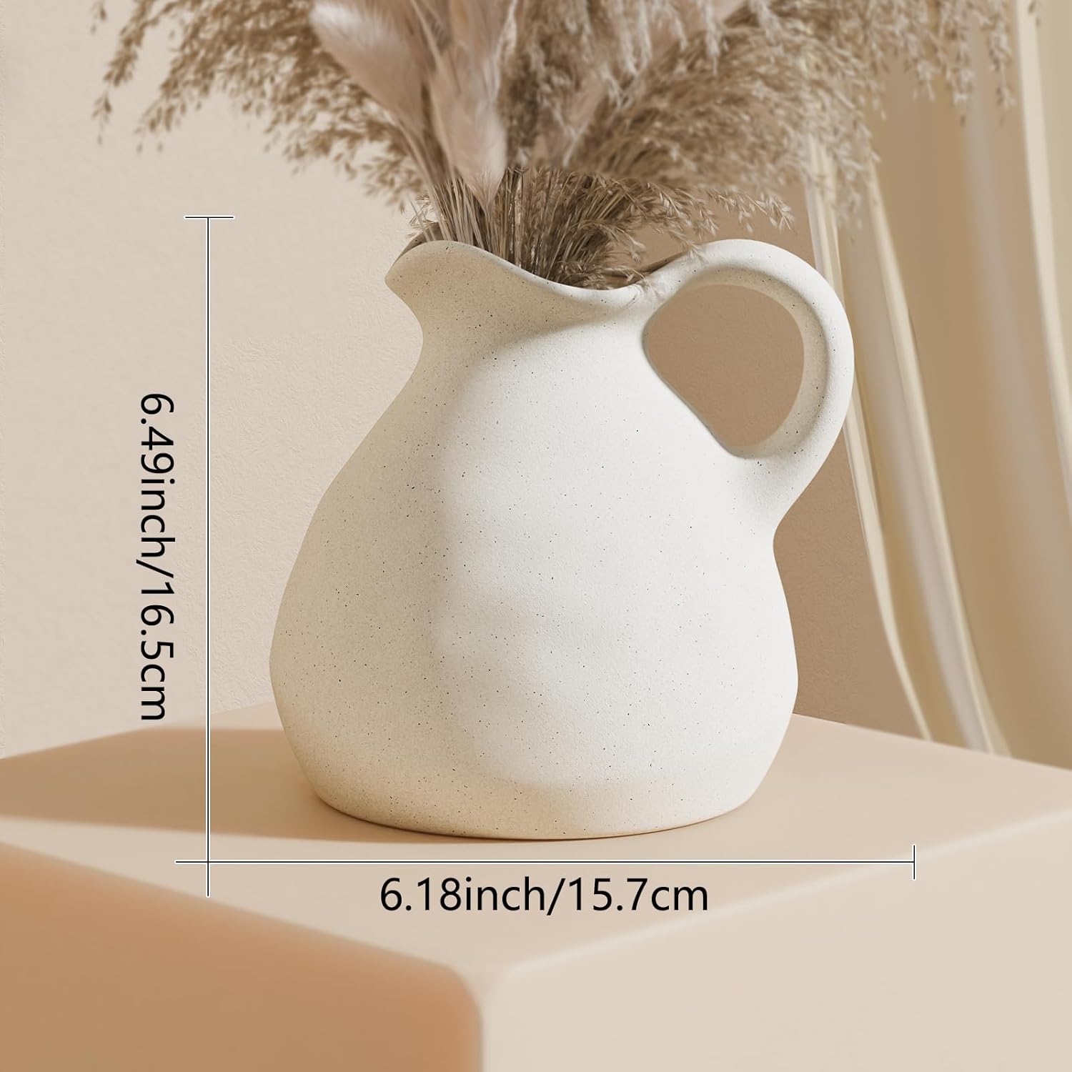Zormon White Ceramic Pitcher Vase with Handle, Modern Farmhouse Jug Flower Vase for Home Decor, Centerpieces for Table, Living Room, Bedroom, Rustic Boho Decoration