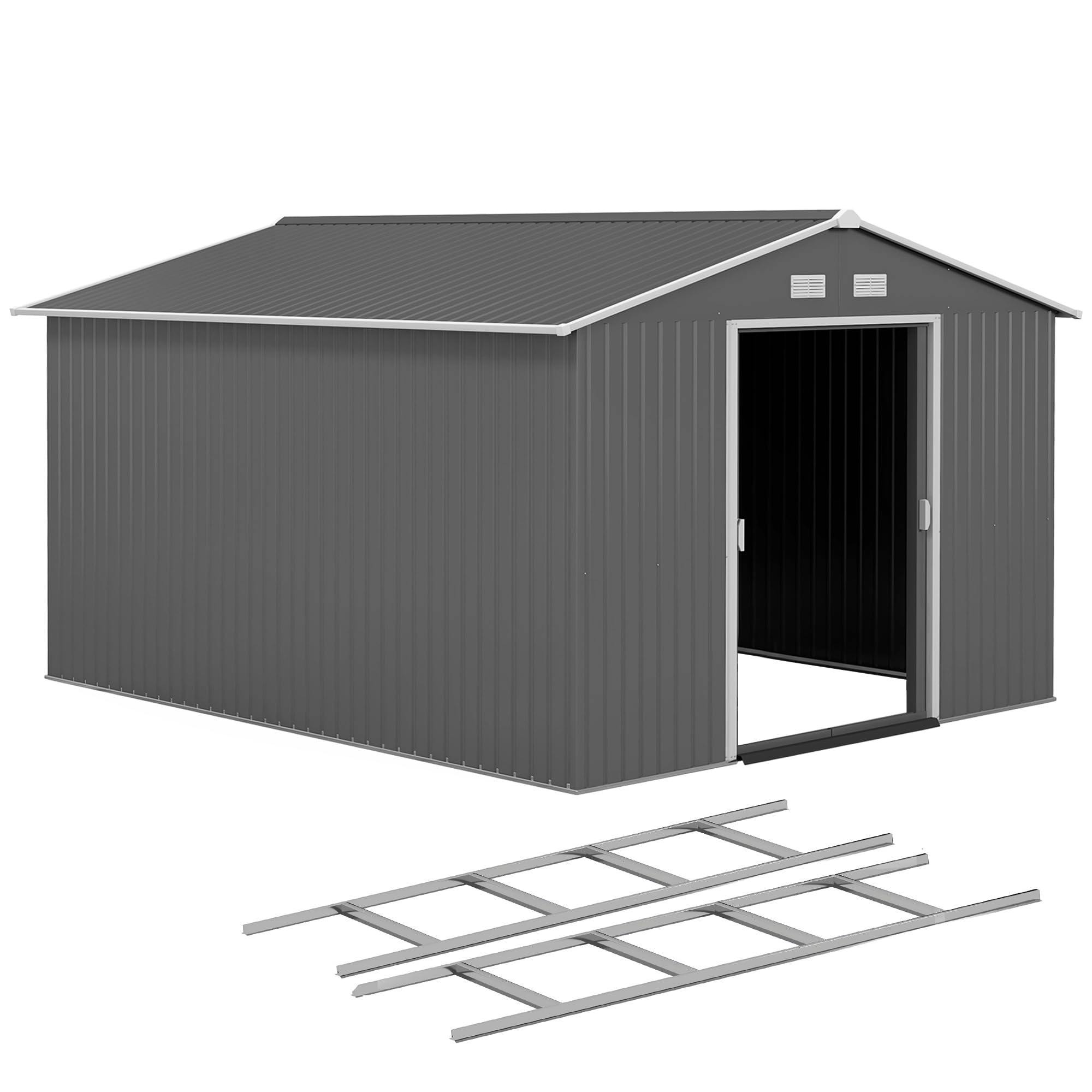 Outsunny 9' x 6' Garden Storage Shed with Foundation Kit, Metal Tool Storage House with Double Doors for Outdoor Patio Yard, Dark Grey — view 16