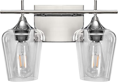 Lámparas de tocador con 2 luces, accesorios de iluminación cromados para baño, con pantalla de vidrio transparente, iluminación moderna para baño,