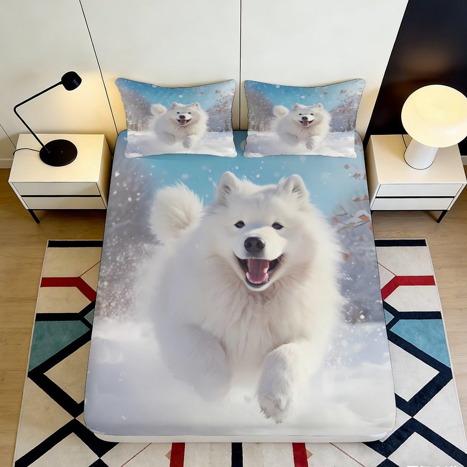 Jqzkxnhpbr Style-1 3D Printed Snow Dog Fitted Sheet Microfiber Soft Decorative Arctic Pet Bed Cover For Bedroom Guest Room Dorm Mattress Protection 90X200x25cm