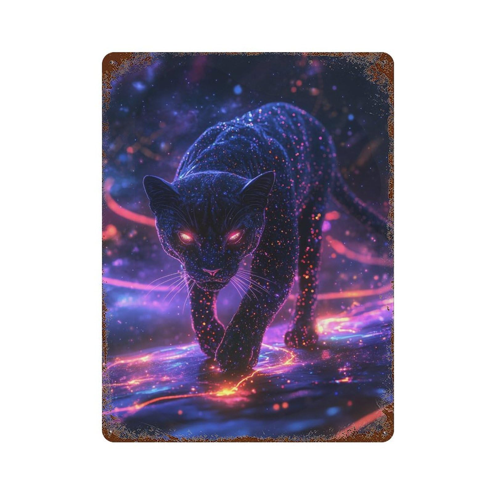 Neon Panther Cosmic Glow Rusty Metal Tin Sign 15.7"x11.8", Vintage Wall Decor for Garage, Pub Or Kitchen