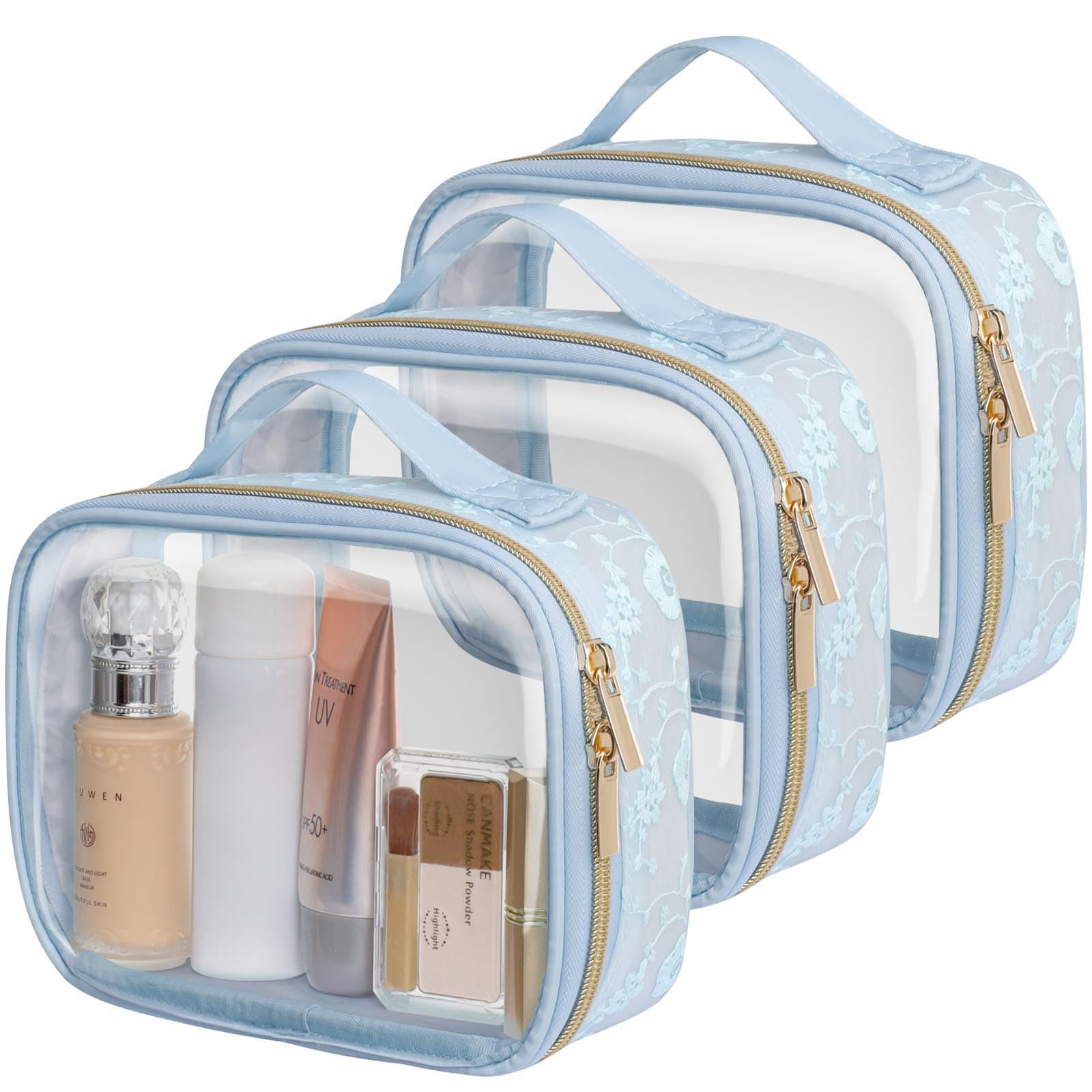 PACKISM TSA Approved Toiletry Bag - Floral Texture Lace Clear Makeup Bags, Ease of Clamshell Closing, Handles and Double Zippers, 0.5 mm Thicker Clear