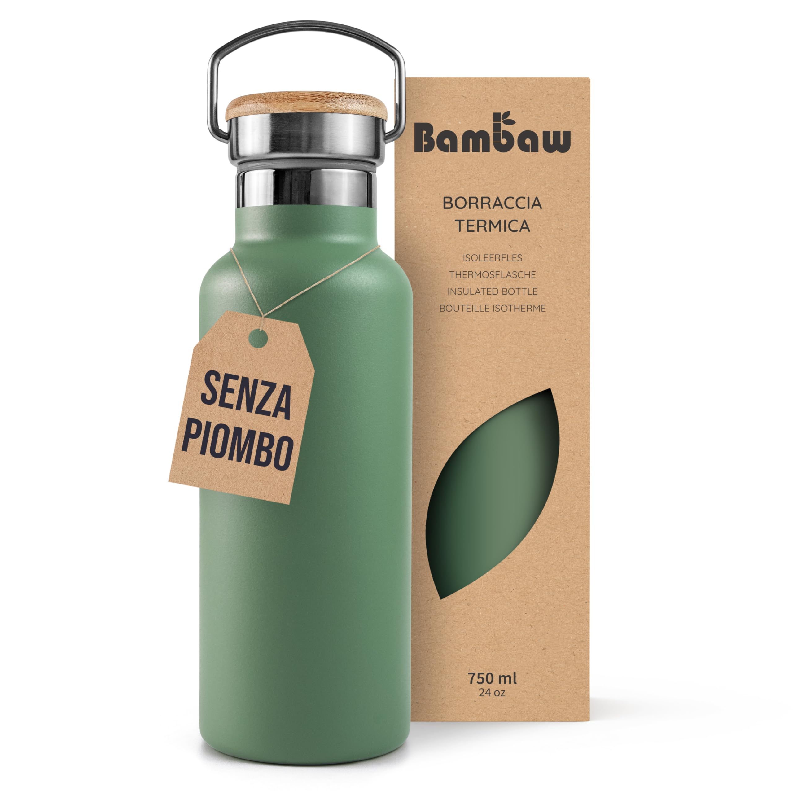 Bambaw Borraccia Termica 750 Ml Acciaio - Bottiglia Sport Palestra, Termos Acqua Verde Salvia-image