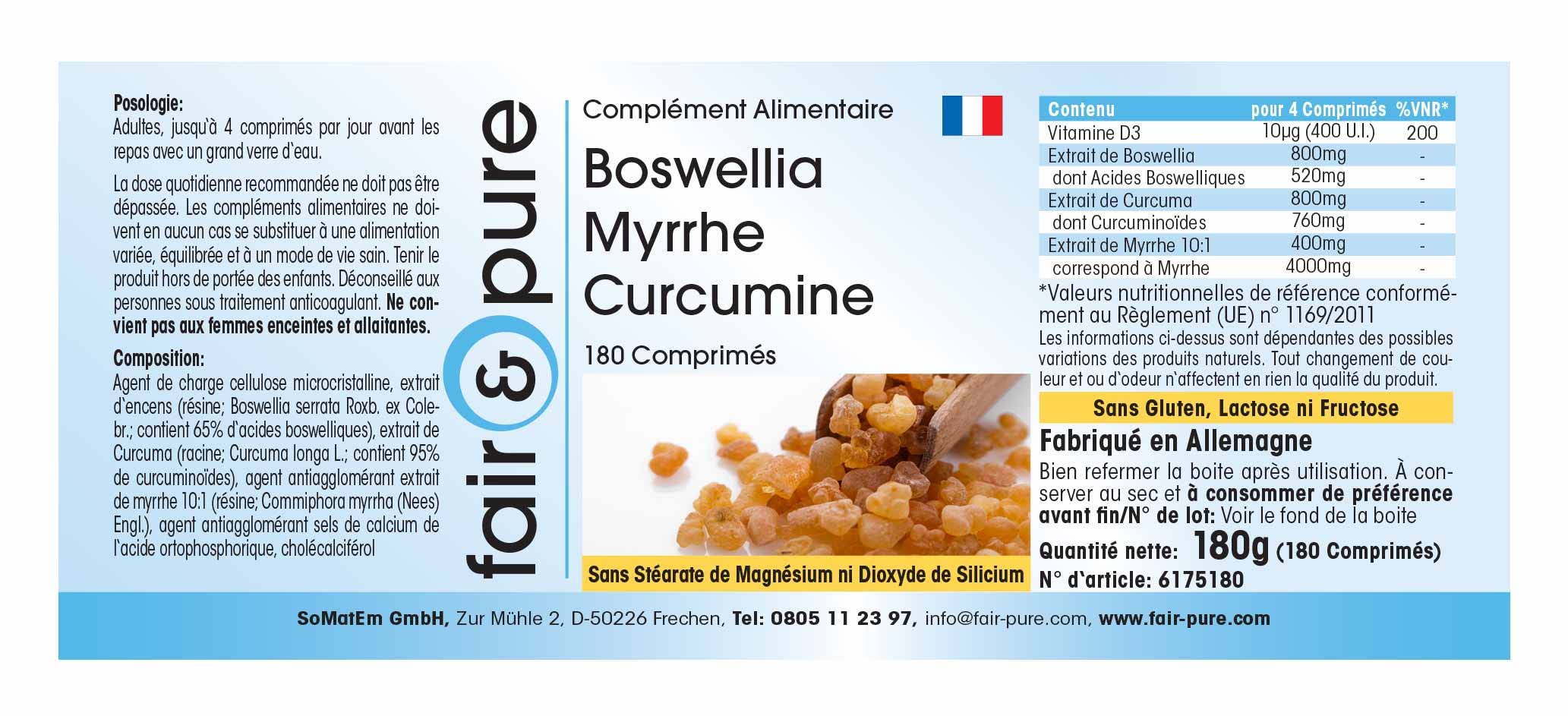 Fair & Pure Boswellia Myrrhe Curcumin mit Vitamin D3, 180 Tabletten, Weihrauch Extrakt, Nahrungsergänzungsmittel ohne Magnesiumstearat, in Deutschland hergestellt
