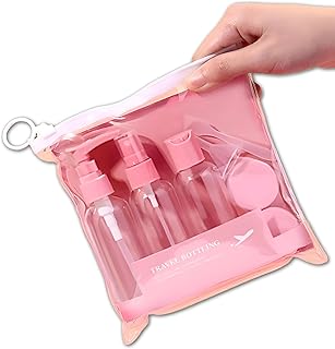 زجاجات سفر فارغة - مجموعة محمولة من 5 قطع، زجاجات بخاخ بلاستيكية صغيرة قابلة لاعادة الملء، حاويات كريم، موزعات ضغط، حجم مناسب للسفر لمنتجات العناية الشخصية مع شنطة تخزين شفافة (لون بينك)