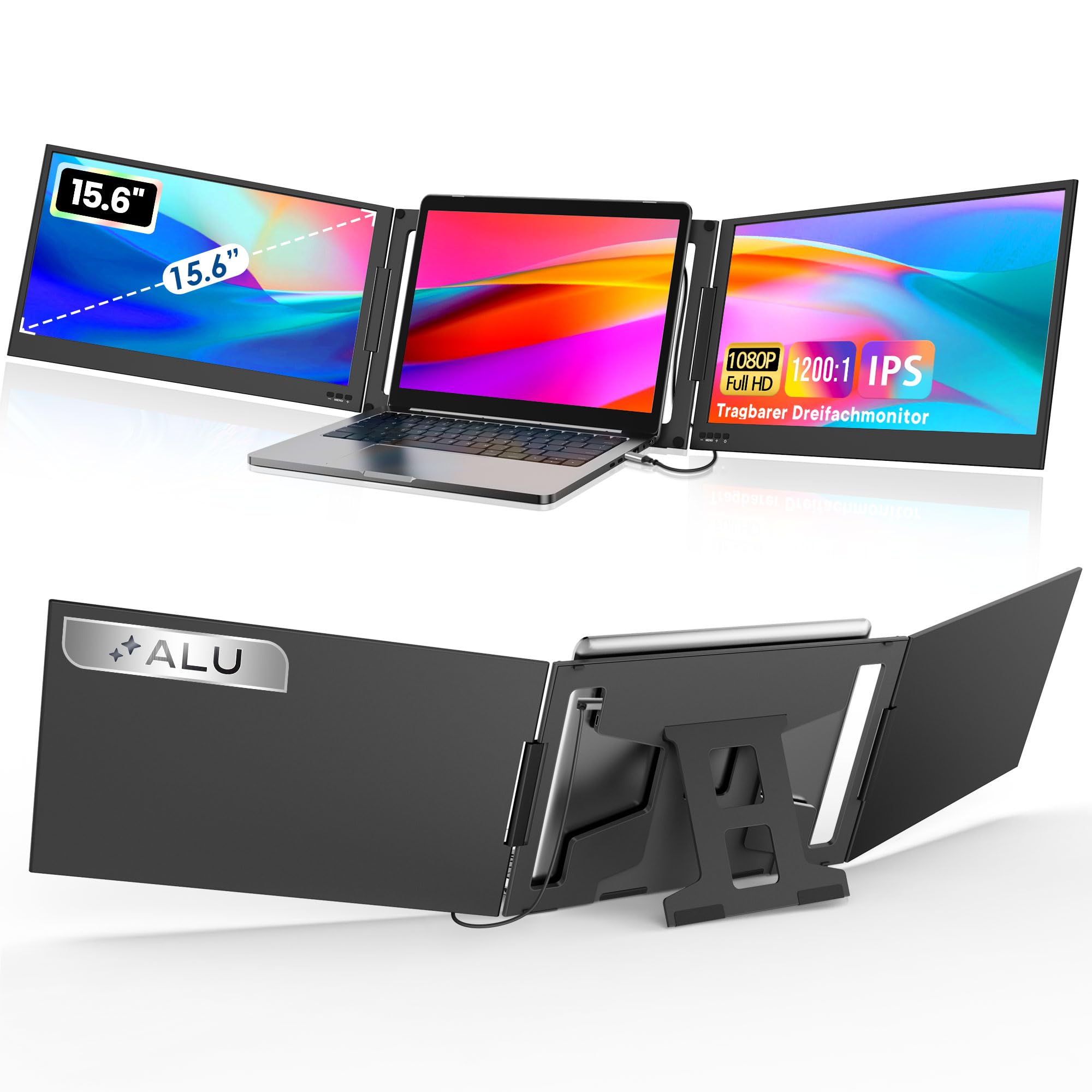 KPKUE 15,6 Zoll Laptop Bildschirm Erweiterung mit Alu-Standfuß 1080p FHD Display, Mehr Arbeitsfläche, entspiegelt, Multi-USB-C mit EIN-Kabel-Lösung, langlebiges Alu-Gehäuse