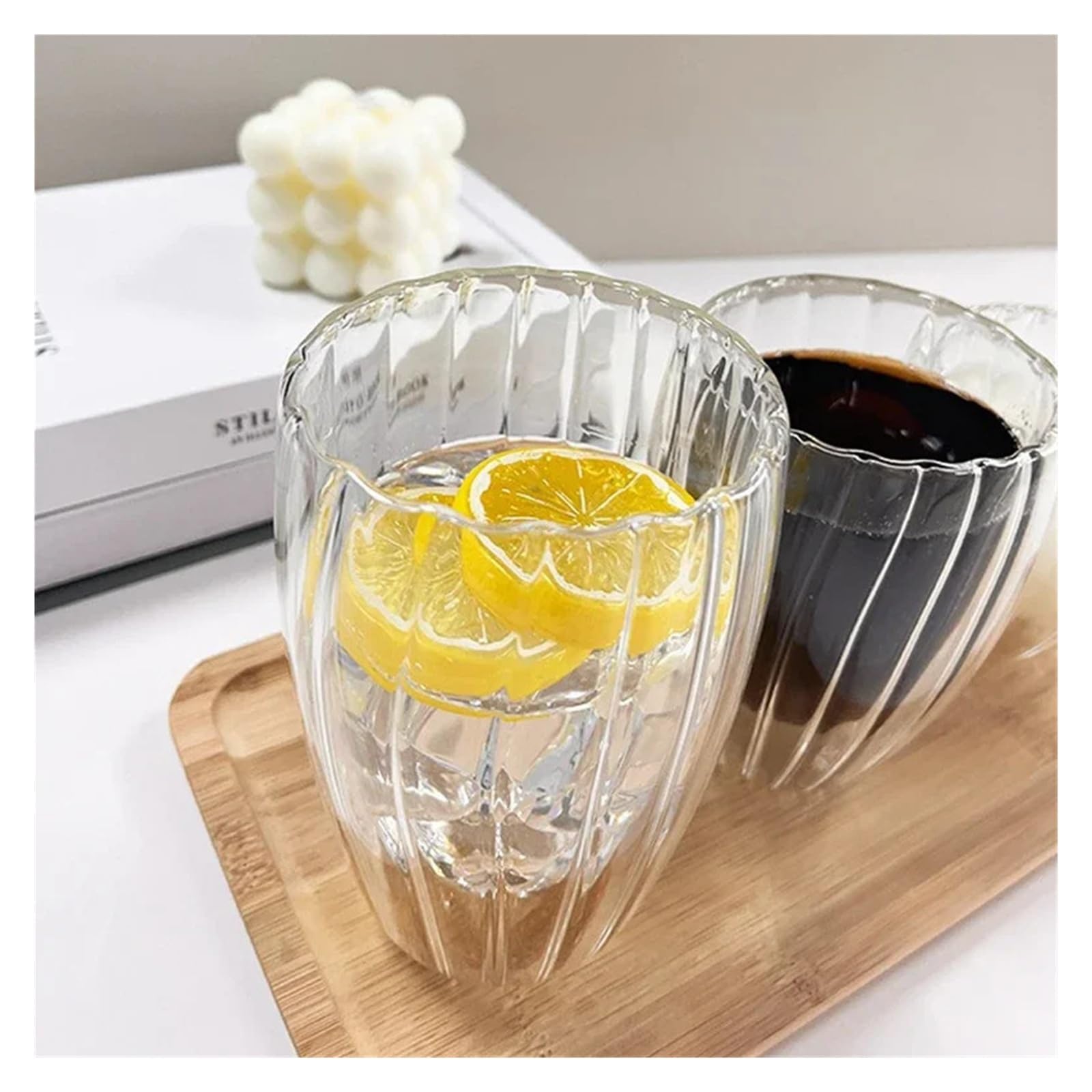 Vasos De Cristal Agua Taza de café de doble pared de vidrio ondulado, taza de desayuno, té, leche, zumo, cerveza, agua, 250/350/450ml(350ML)