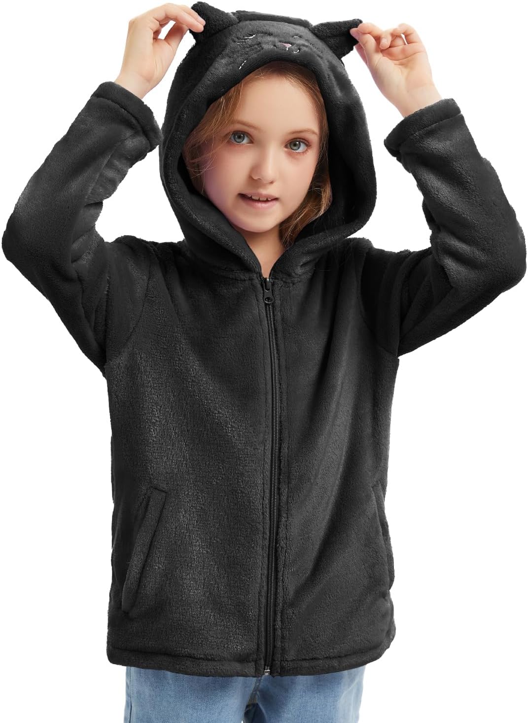 Girls Sherpa Fleece Jacket Cute Cat Embroidered Coat With Ears Autumn Winter Warmth Hooded Outerwear 5-12 Years