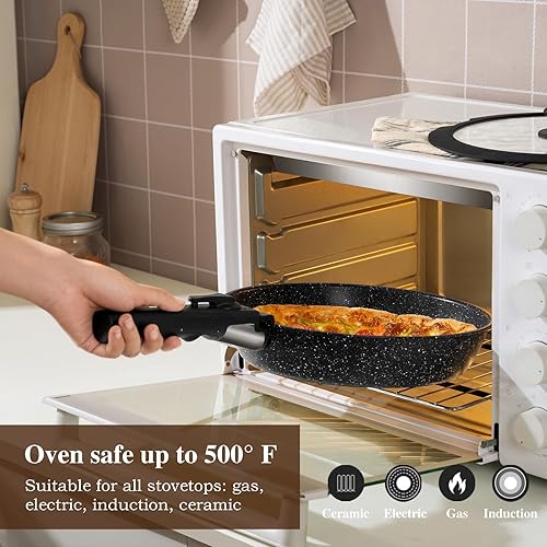 Miniatura 7 de Juego de 20 ollas y sartenes antiadherentes, apilables con mango desmontable, inducción de granito, juego de cocina portátil con asas extraíbles,