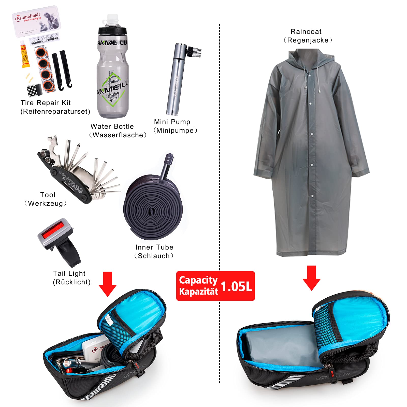 ROTTO Satteltasche mit Flaschenhalter Fahrrad Satteltasche Wasserdicht für Rennrad MTB Schwarz