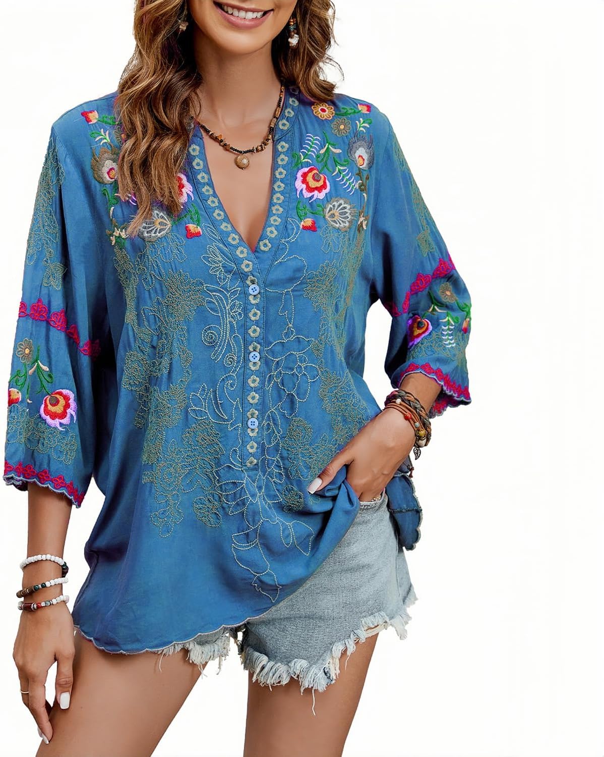 Mexican Shirts Peasant Blouses Cotton Embroidered 3/4 Sleeve Summer V Neck Tunic Bohemian Tops Boho Clothes for Women