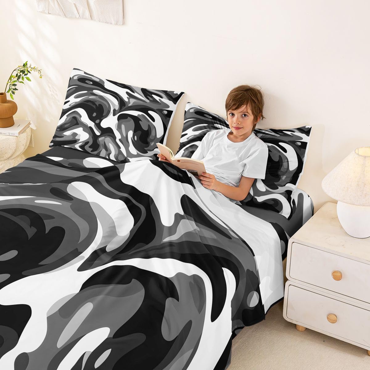Erosebridal Black White Swirl Marble Bed Sheets Set Minimalist Abstract Queen Sheet Set for Toddler Boys,Black Gradient Mid Century Artwork Flat Sheet