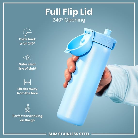 ION8 Lightweight Steel Water Bottle, 600 ml/20 oz, Non-Insulated, Leak Proof, Easy to Open, Secure Lock, Dishwasher Safe, Flip Cover, Fits Cup Holders, Carry Handle, Metal Water Bottle, Alaskan Blue