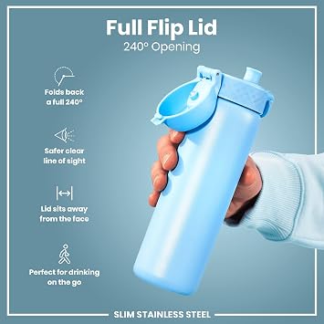 ION8 Lightweight Steel Water Bottle, 600 ml/20 oz, Non-Insulated, Leak Proof, Easy to Open, Secure Lock, Dishwasher Safe, Flip Cover, Fits Cup Holders, Carry Handle, Metal Water Bottle, Alaskan Blue