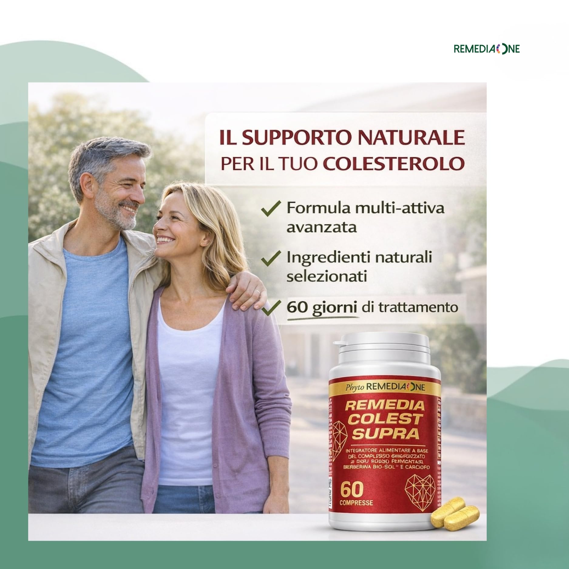 REMEDIA ONE Colest Supra - Integratore con Berberina Liposomiale e Riso Rosso Fermentato Colesterolo, Coenzima Q10, Carciofo, Melograno – 60 Compresse