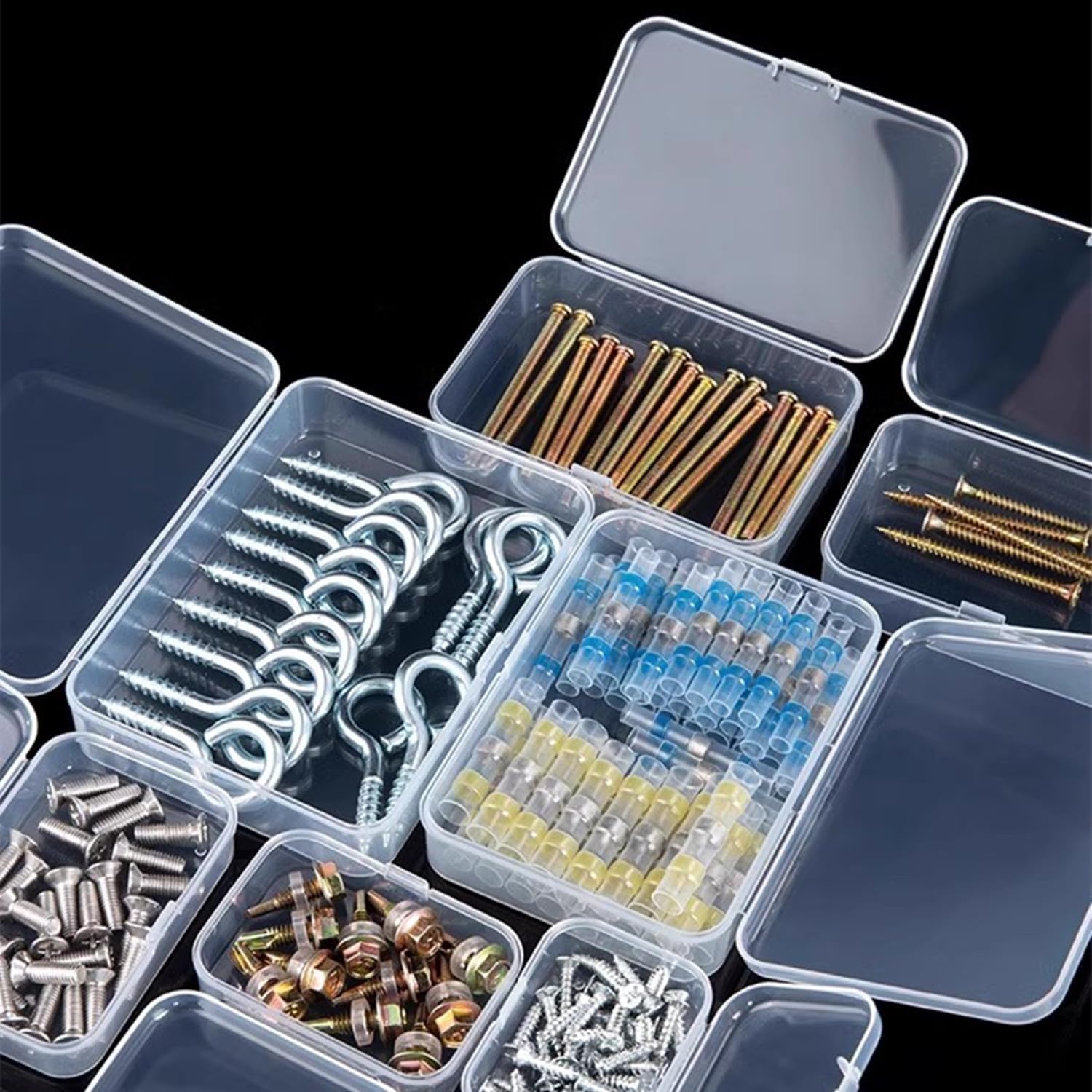 6PCS Mini Clear Rectangle Storage Organizer with self-adhesive handwritten labels, 3.4x2.4x1 Inch Small plastic containers case for Small Items, Hairpins, Buttons, Beads, Craft Accessories case