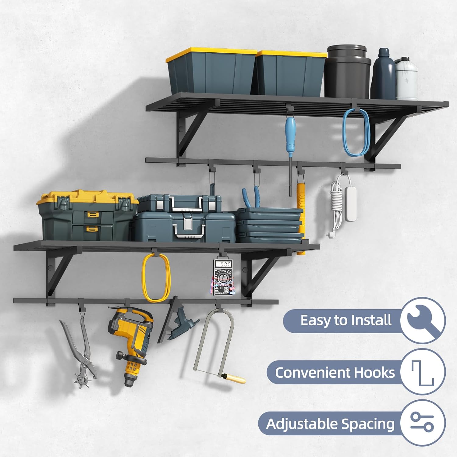 2-Pack 2x4ft Garage Shelving Wall Mounted, Heavy Duty Garage Storage Shelves with 12 Hooks, 2' x 4' Wall Mount Shelves with 500LBS Capacaity - Image 6