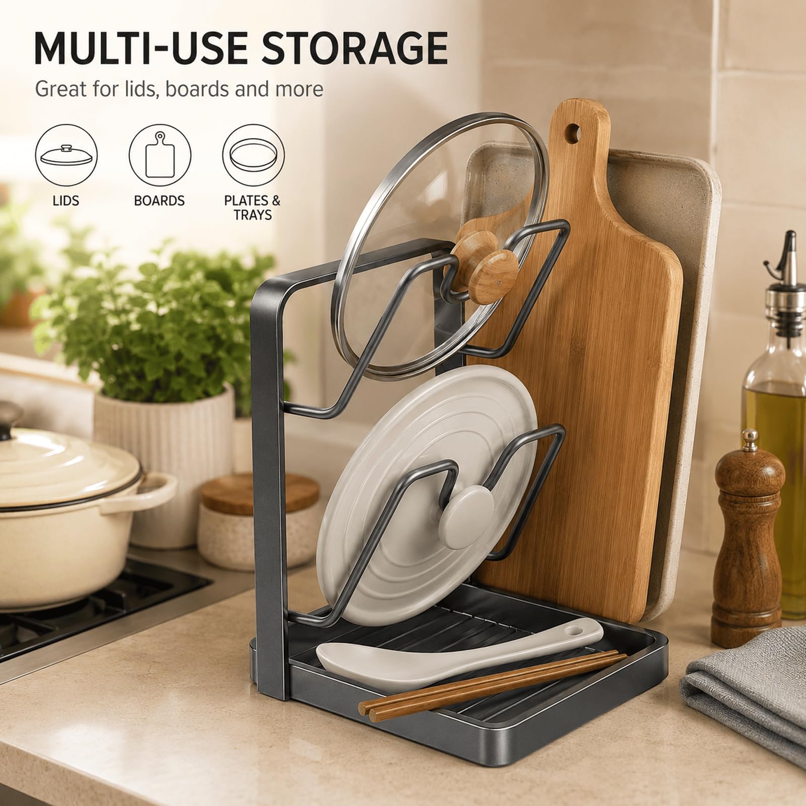 Multifunktionaler Topfdeckel Organizer, Kochlöffelablage und Schneidebrett Halter für Küche, kompakter Ständer für Deckel, Löffel, Spatel und Küchenhelfer,Beige- Three Floors