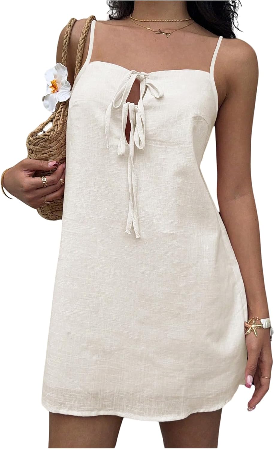 Floerns Women's Summer Tie Front Cami Dress Spaghetti Strap Vacation Mini Dresses