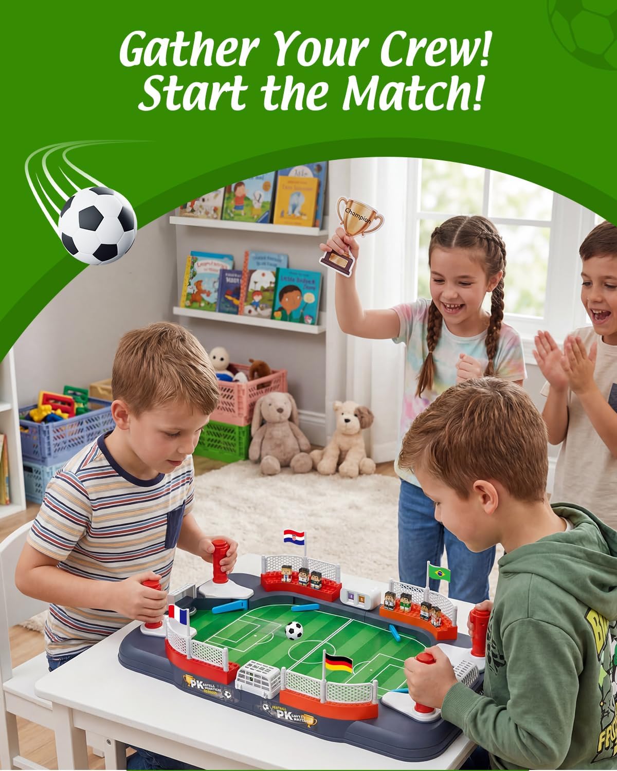 Soccer Board Game for Kids with 12 Countries Flag Stickers & 12 Star Player Figures – Interactive Foosball Table Game, Mini Pinball Sports Toy Boys Girls Birthday Family Party