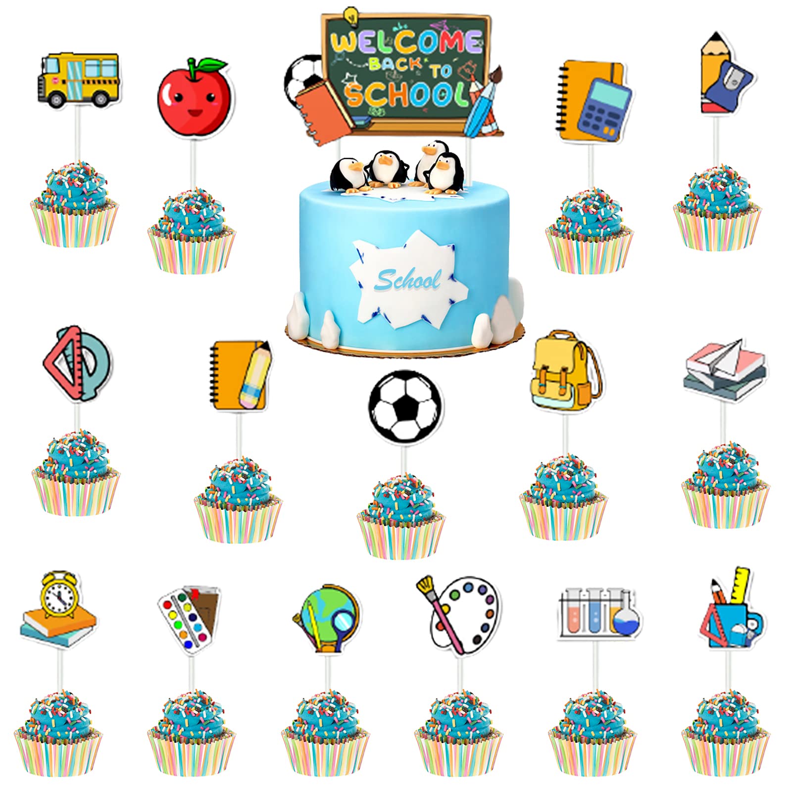 TeeFity 64 PCS Back to School Cupcake Toppers, 16 Styles First Day of School Party Theme Cake Decorations School Welcome Party Supplies Classroom Cake Decor