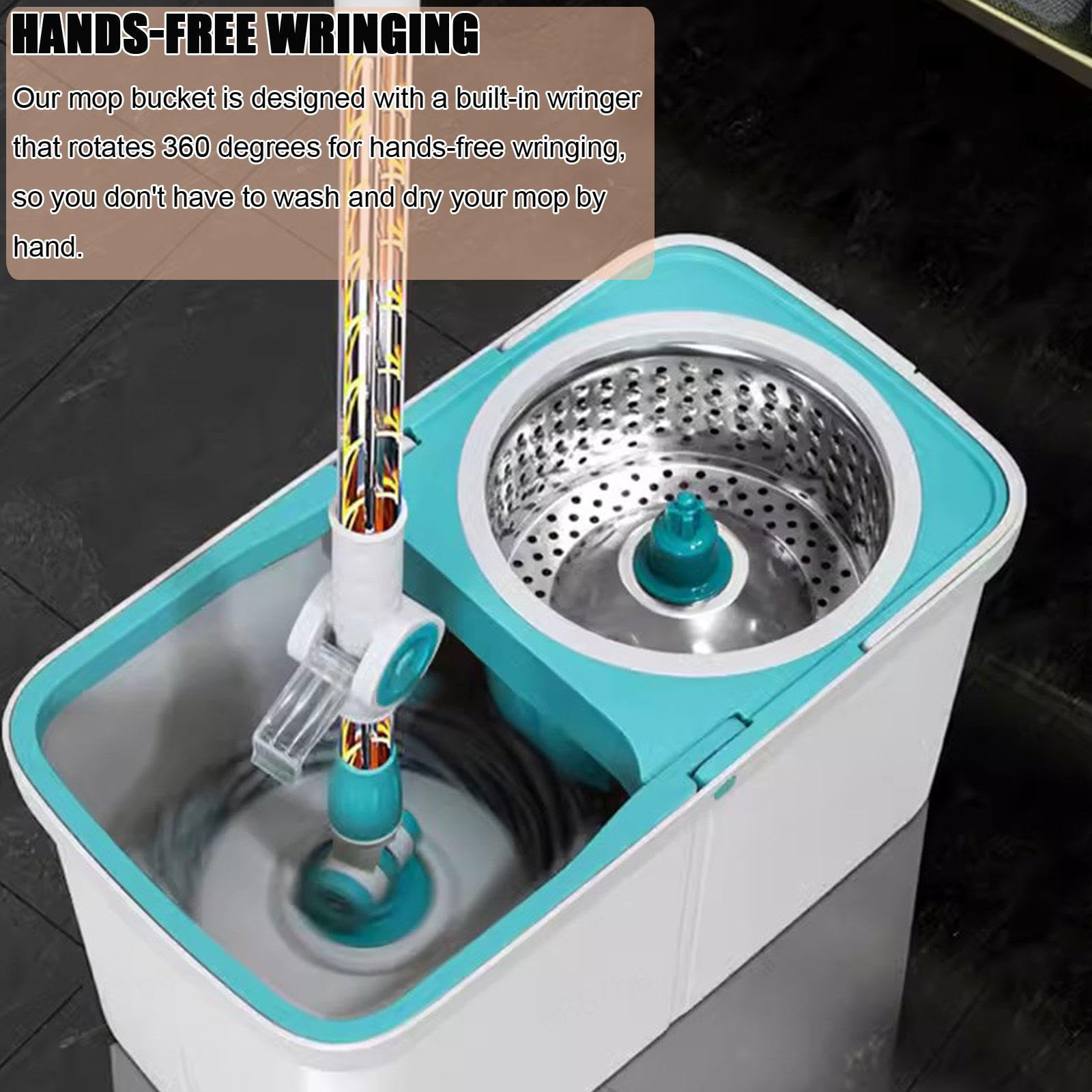 AMNOOL Juego de Fregona Giratoria y Cubeta con Escurridor - Uso Húmedo/seco en Madera Dura y Baldosas - Cubo de Fregona Autoescurrido con 7 Cabezales de Fregona Lavables de Microfibra