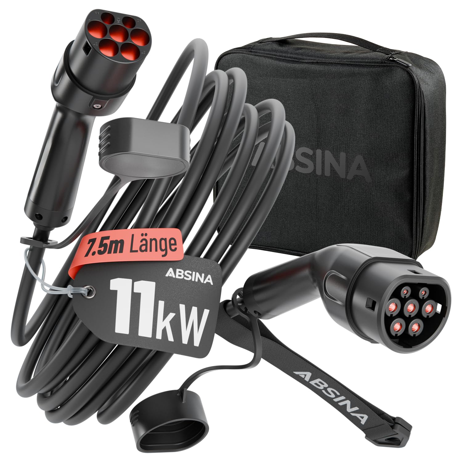ABSINA Typ 2 Ladekabel 11kW 16A 7,5 Meter 3-phasig Mode 3 für E-Auto | 11kW Ladekabel Auto für Elektroauto & Hybrid - Kompatibel mit Model 3, e-Up, ID.3, Zoe, EQ fortwo, Kona Elektro, ID.4 uvm