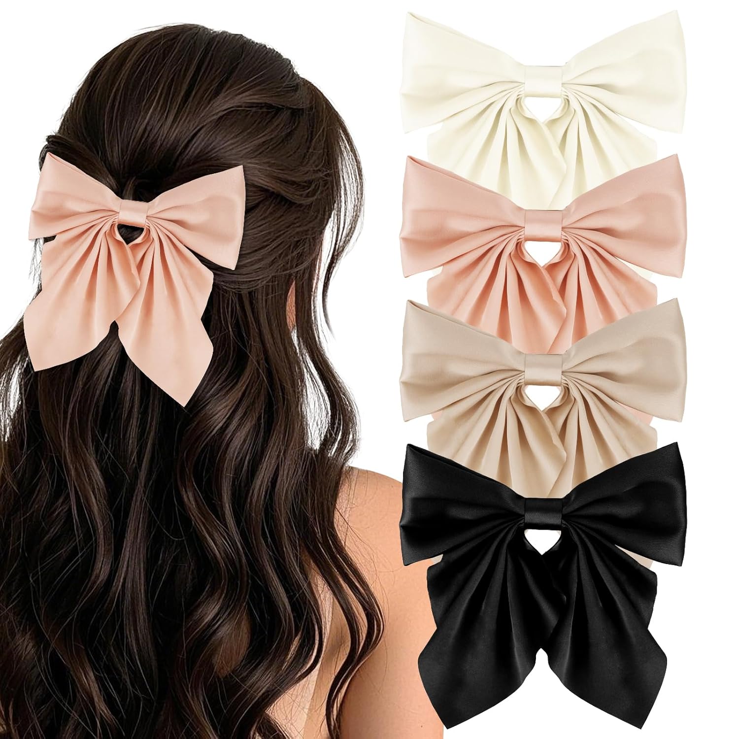 4PCS Hair Bows for Women, Silky Satin Bow Clips Hair Ribbons Barrettes Cute Hair Accessories for Women and Girls