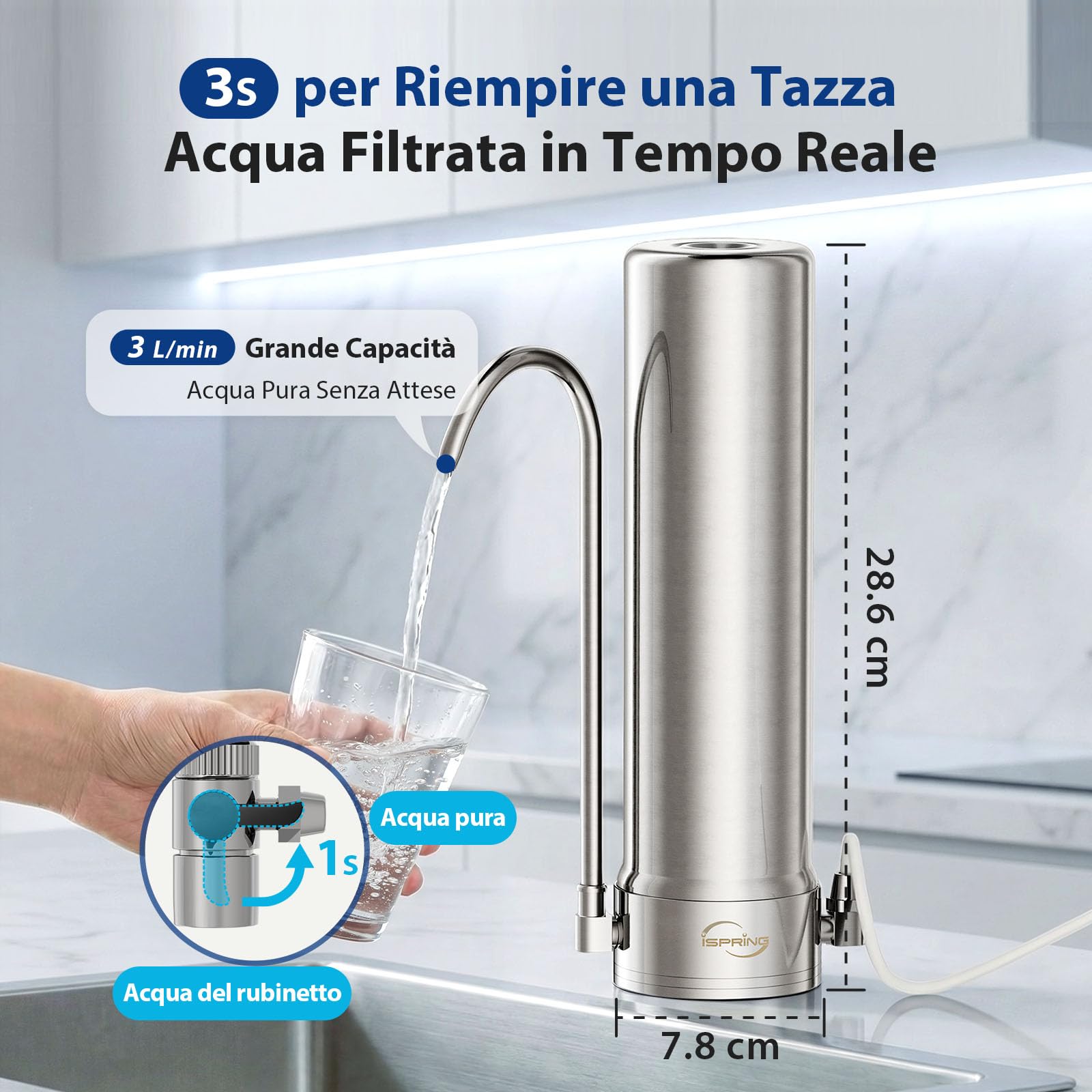 iSpring CKC1S Depuratore d’Acqua Rubinetto Acciaio Inox Ultrafiltrazione 0,01μm & Carbone Purificatore d’Acqua Per Lavello Ideale Affitto