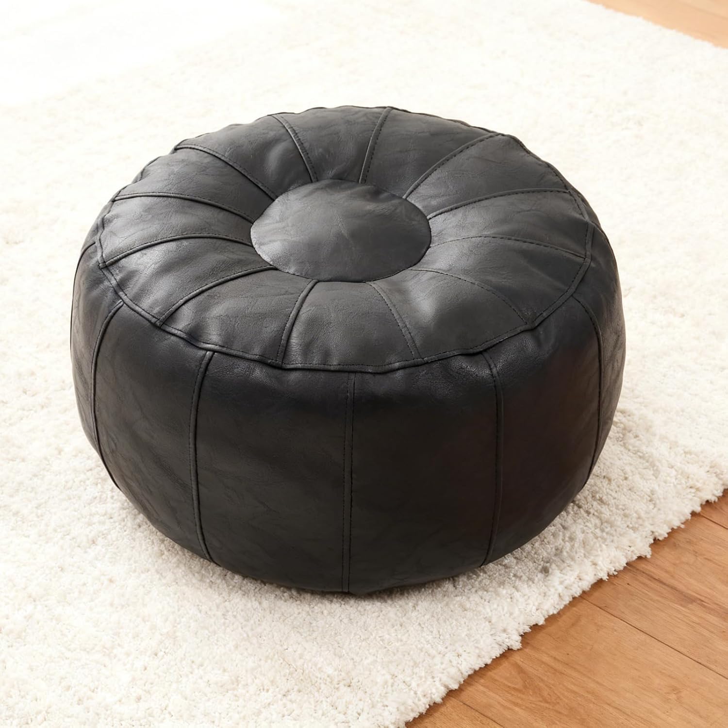 Louis Donné Premium Artisanal Leather Pouffe, Handmade Unstuffed Ottoman Round Pouf Cover, Footstool, Round Pouffe Foot Stool Floor Cushion… (Black ST158)