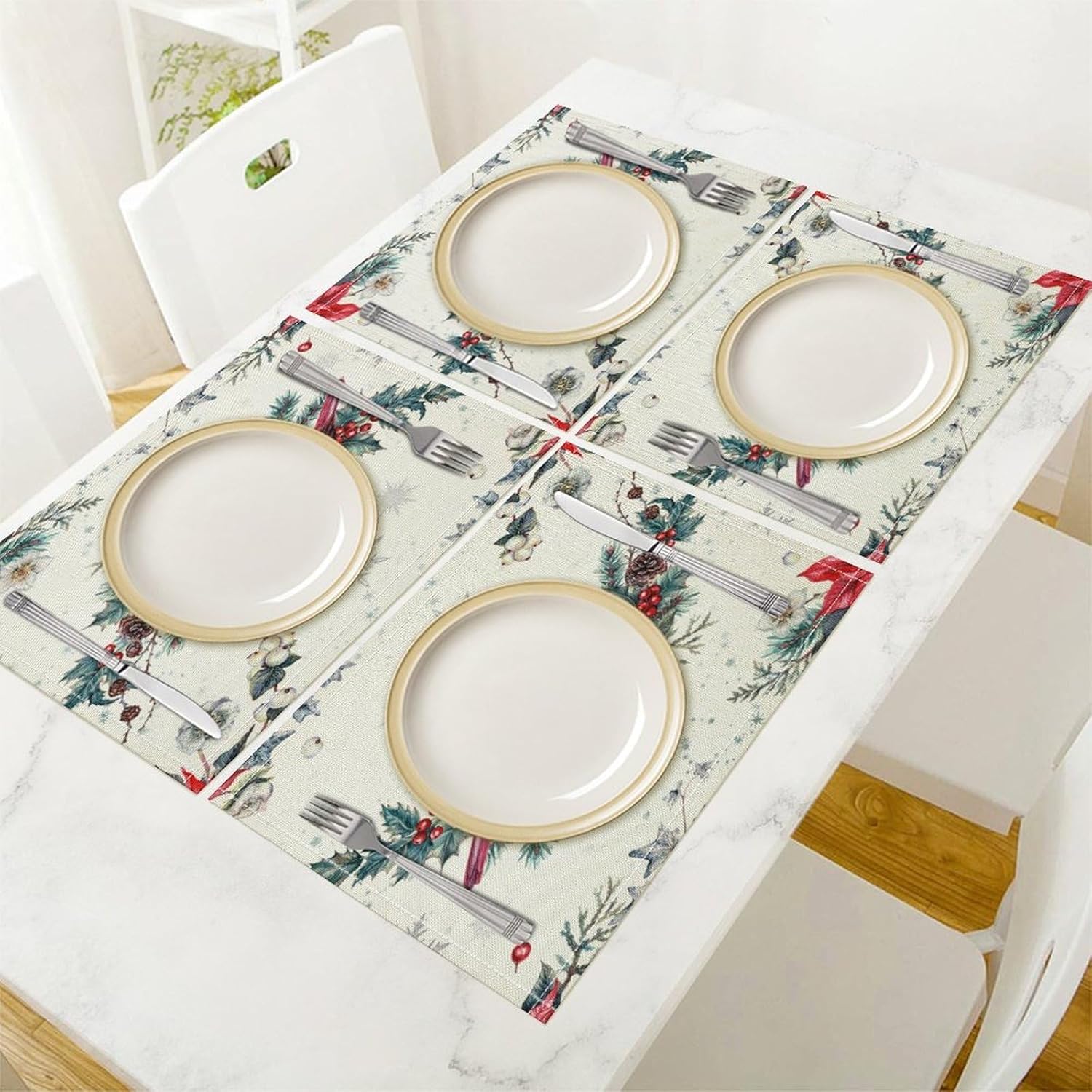 Christmas Placemats Set of 8, 17x12 Inch Vintage Watercolor Winter Cardinal Birds Red White Poinsettia Table Mats for Home Party Kitchen Dining Decor