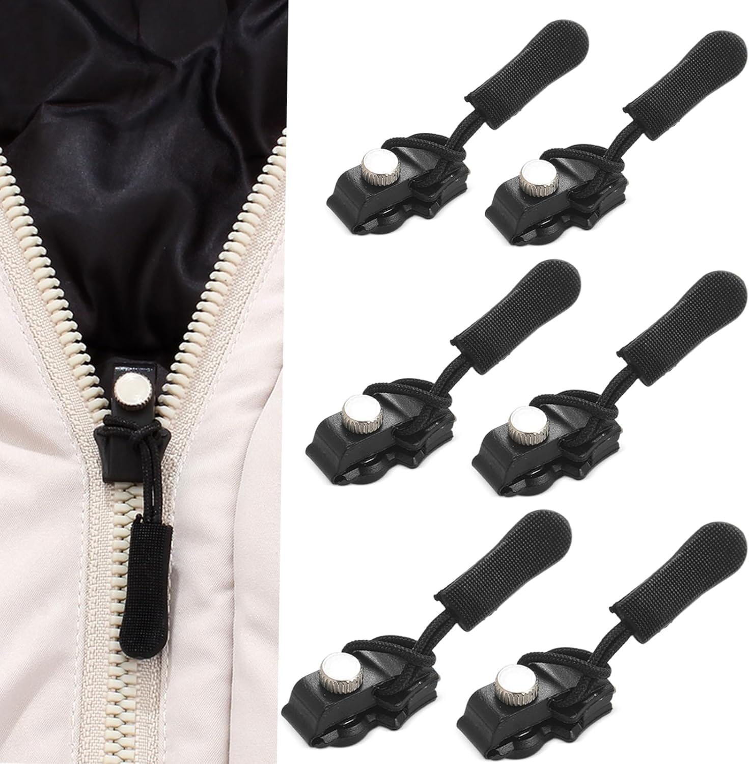 Shree Radharani Zipper Repair Kit - Instant Zipper Sliders with Nylon Pull Tabs & Cords, Replacement Metal Zipper Pulls for Sliding Teeth, Universal Screw-Fix Removable Zippers for Bags & Garments (Pack of 5)