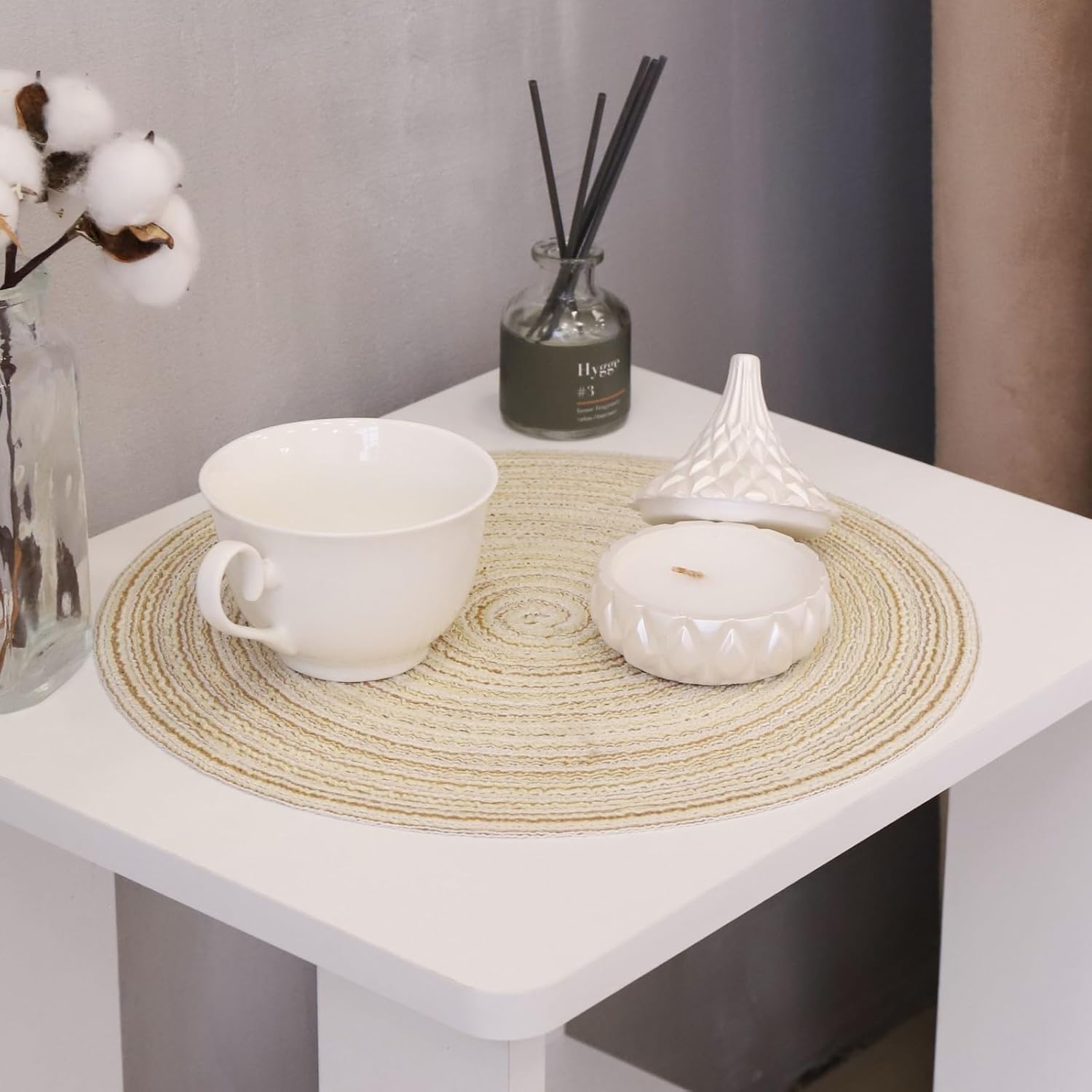 Set of 8 Round Beige Washable Placemats 38cm, Round Breakfast Lunch Placemat, Elegant Round Placemats, Woven Placemats for Kitchen Table, Dining Table Place Mats