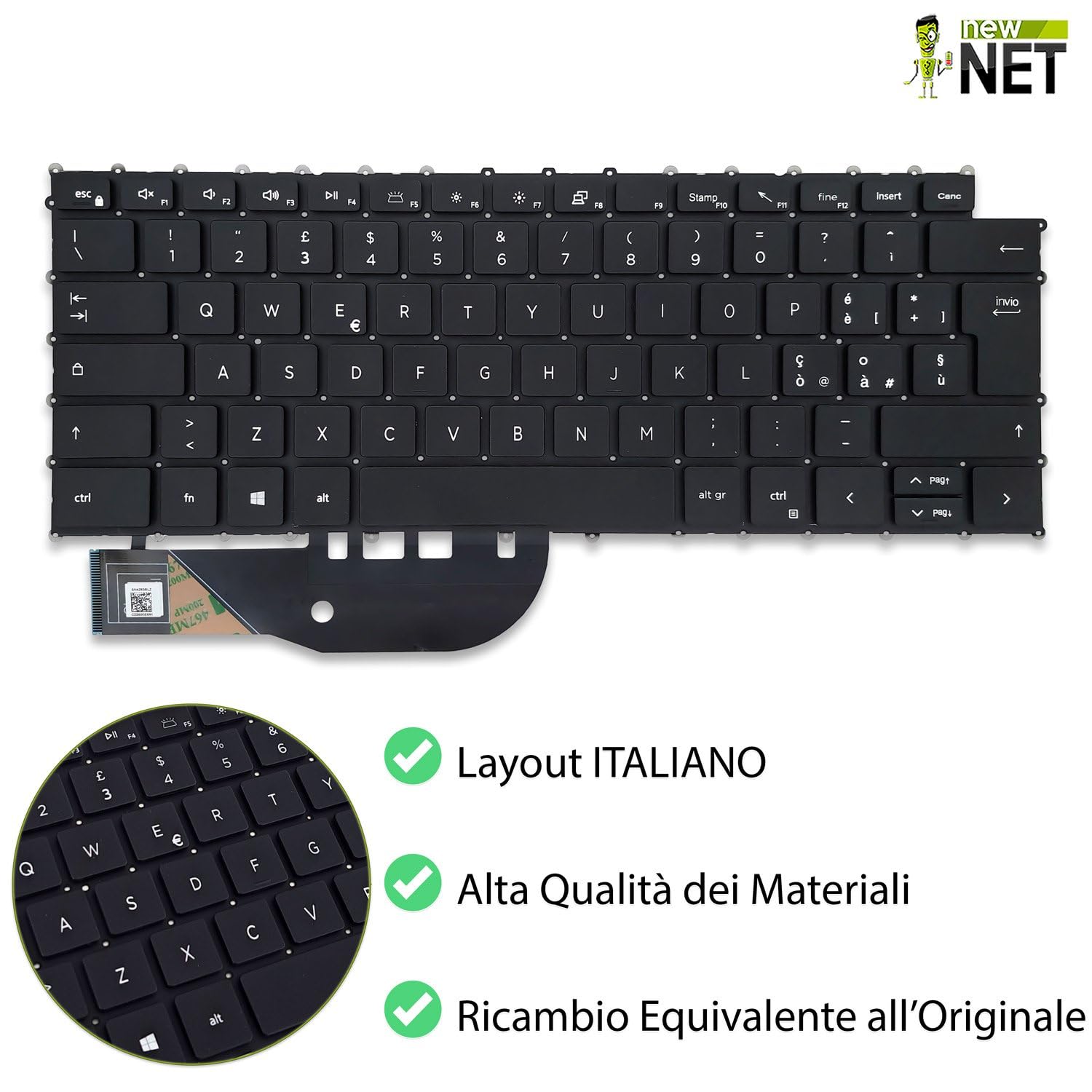 new net - Tastiera compatibile con Dell XPS 15 (9500), 15 (9510), 15 (9520), 15 (9530), 17 (9700), 17 (9710), 17 (9720) [Senza frame - colore tasti Nero - Retroilluminata - Layout ITA]