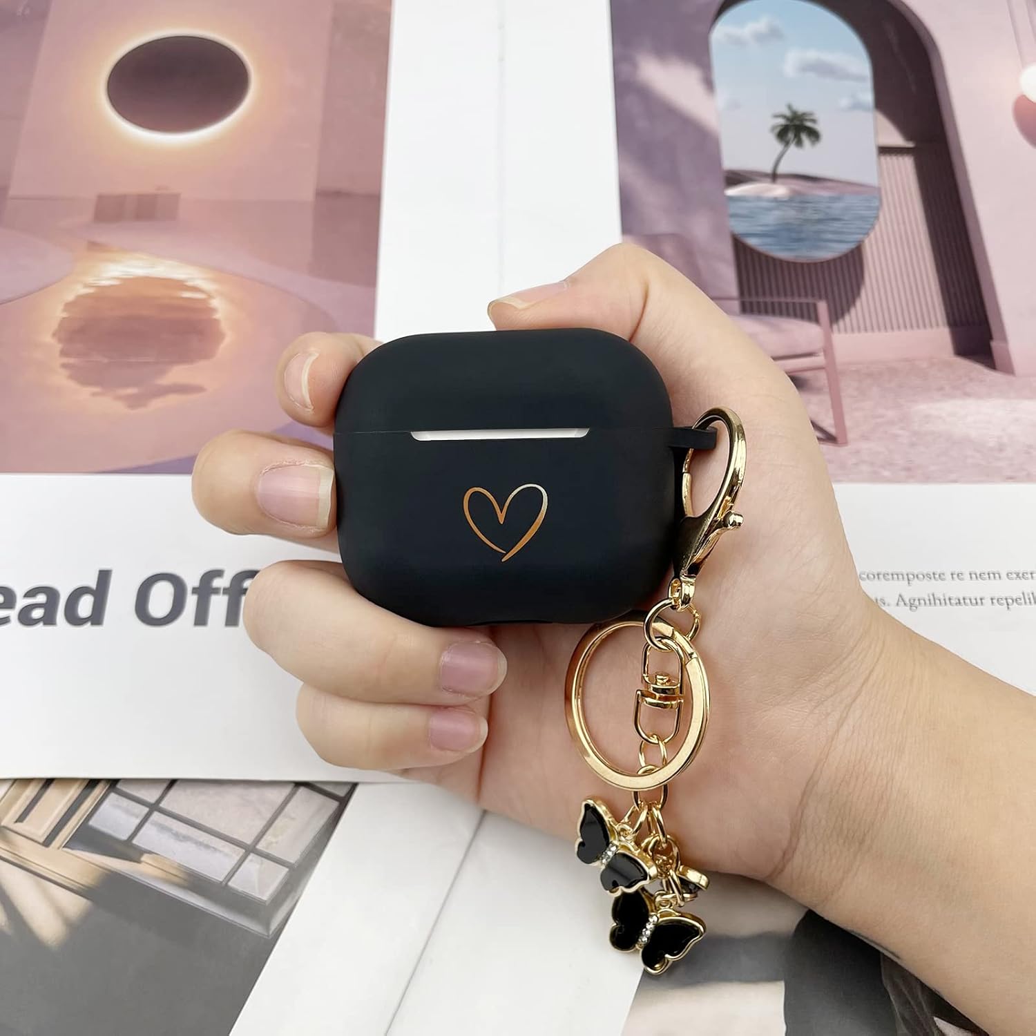 AIIEKZ Compatible with AirPods 3 Case Cover 2021, Soft Silicone Case with Gold Heart Pattern for AirPods 3rd Generation Case with Cute Butterfly Keychain for Girls Women (Black) : Electronics