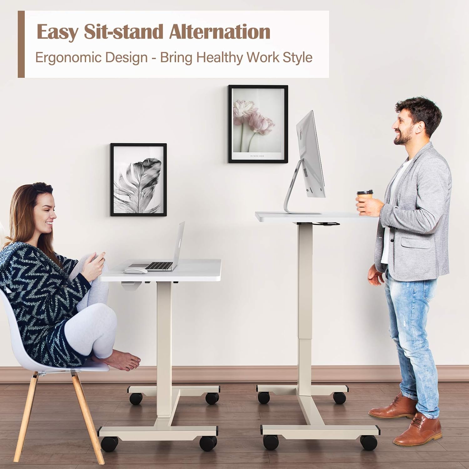 Mobile Standing Desk 27 inch Pneumatic Height Adjustable Home Office Desk Space Saving Writing Workstation Rolling Desk Cart Gas Spring Assist Laptop Table with Lockable Wheels by STOREMIC (White) : Home & Kitchen