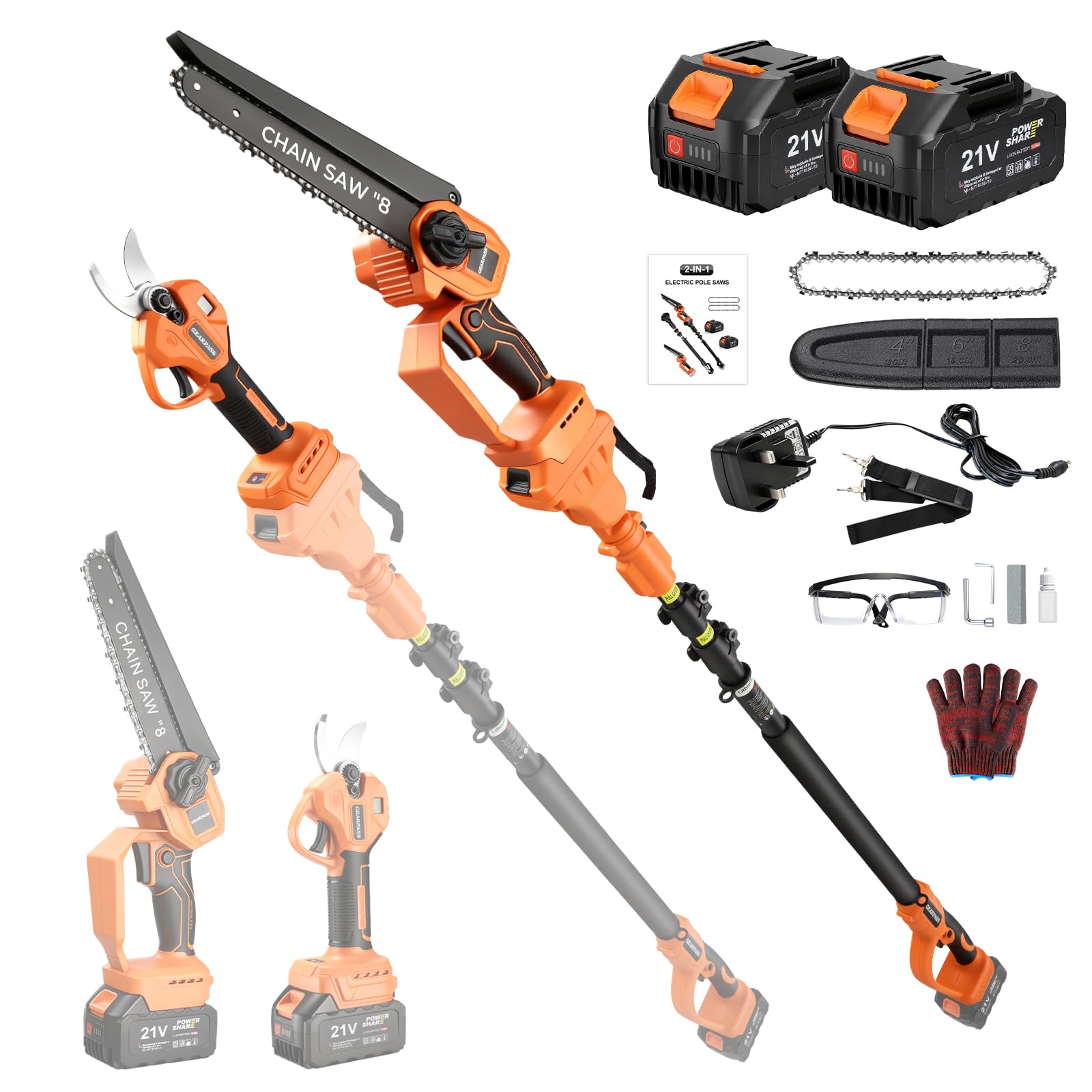 GEARPASS 4-in-1 Cordless Electric Pole Saw, 8" Mini Chainsaw & Electric Pruning Shears with Brushless Motor, Auto-Oiling, 15ft Reach Pole, 2×21V 4.0Ah Batteries for Tree Trimming & Wood Cutting