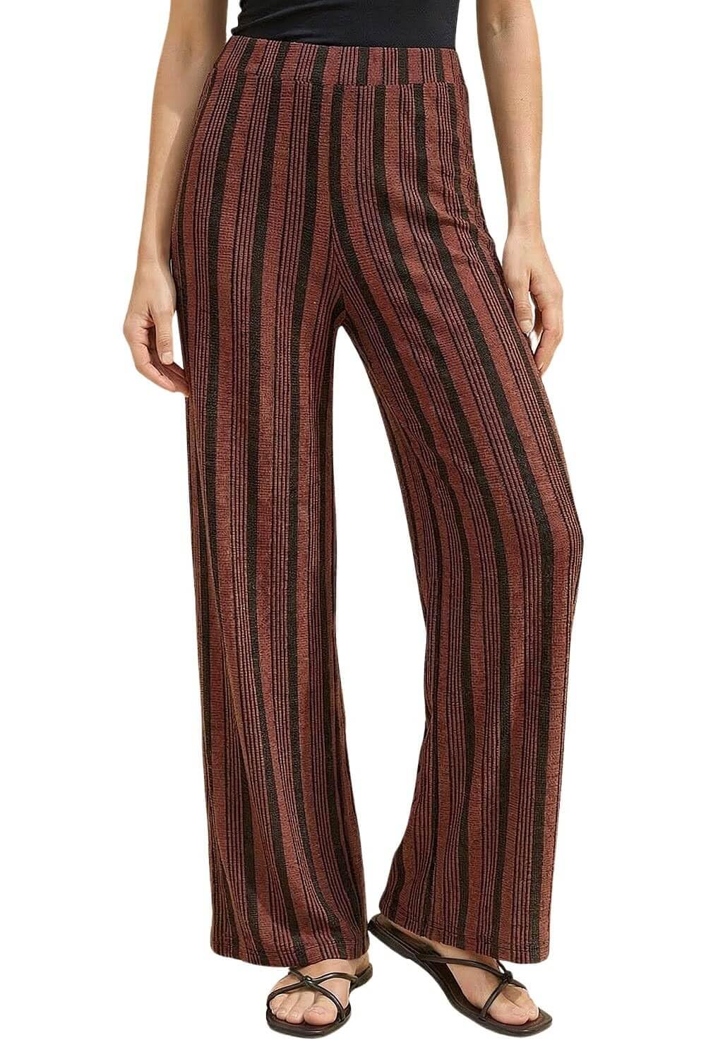 Roman Originals Women's Stripe Chocolate Roman Wide Leg Trousers For Uk Palazzo Pants Evening Jersey Elasticated High Waist Smart Flared Culotte Office Work Going Out Loose Crepe Bottoms - Size 18