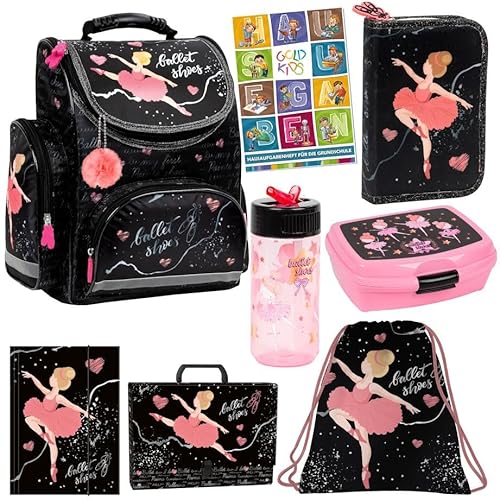 Goldkids Set 8-teilig Schulranzen Aufgabenheft 2024 Ballerina Tänzr Federmappe Turnbeutel 1. Klasse Gummizugmappe Aktentasche Brotdose Trinkflasche Aufgabenheft für die Grundschule 1. Klasse