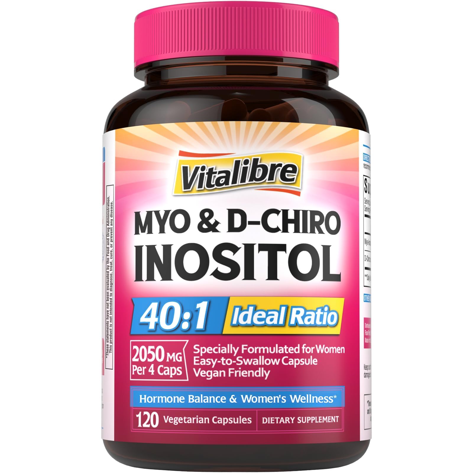 Vitalibre Inositol Supplement, Myo-Inositol & D-Chiro Inositol Supplements for Women, 40:1 Ideal Ratio, Hormone Balance and Women’s Wellness, 120 Vegan Capsules 120 Count (Pack of 1)
