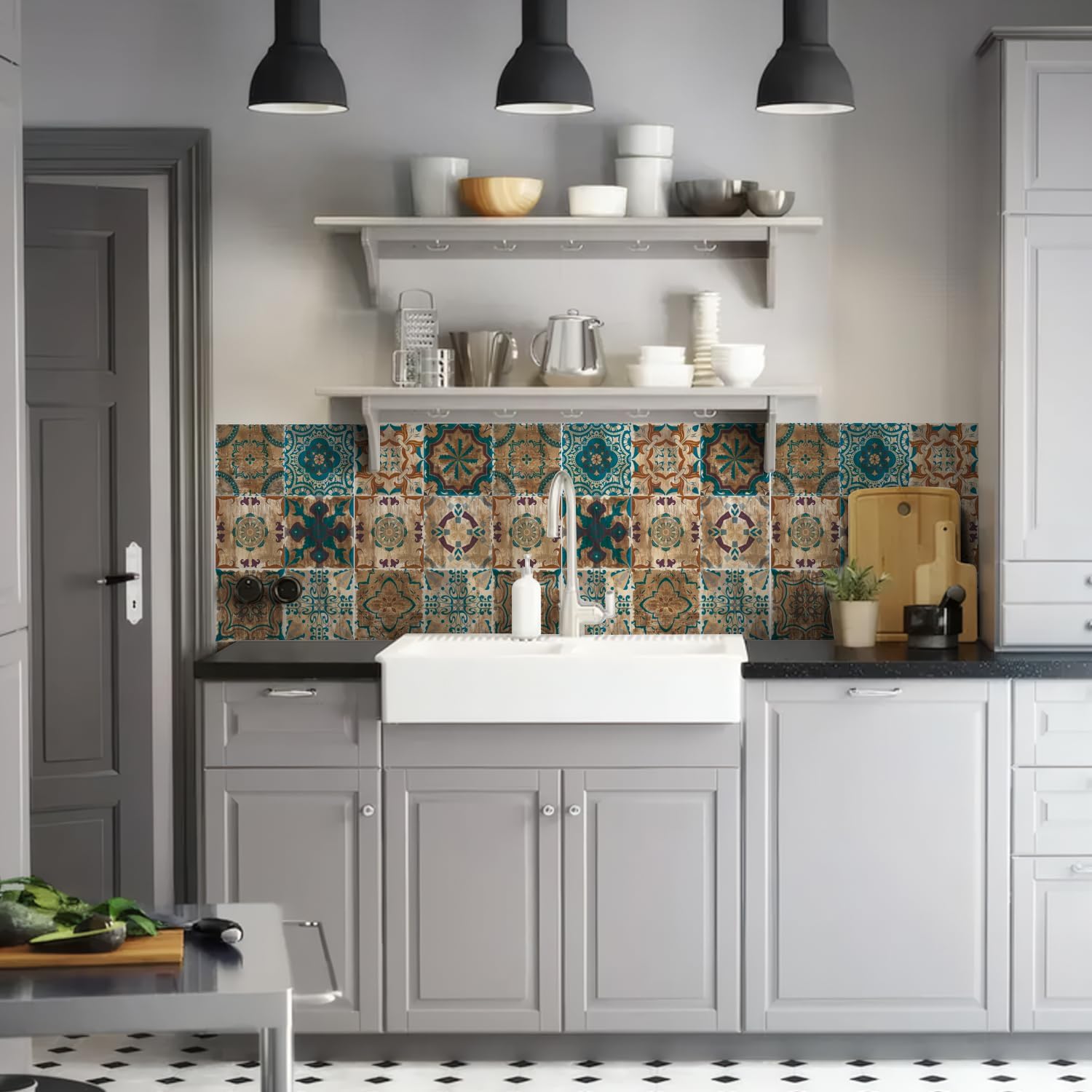 24PCS Tile Stickers Wall Decor Bathroom Kitchen Waterproof PVC Backsplash Decoration Decals - 2D Sticker with Retro Design in Mandala Style (Brown Morocco, 5.91IN(15CM))