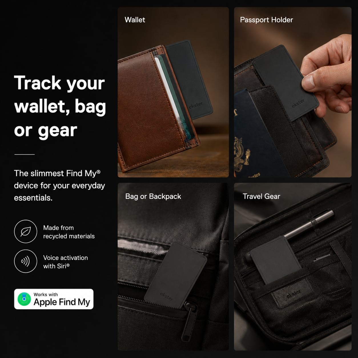 Ekster Finder Card Wallet Finder | Ricaricabile Bluetooth Abilitato GPS Wallet Tracker Card | Batteria a lunga durata Funziona con Apple® Find My & Siri | Card Tracker per portafoglio