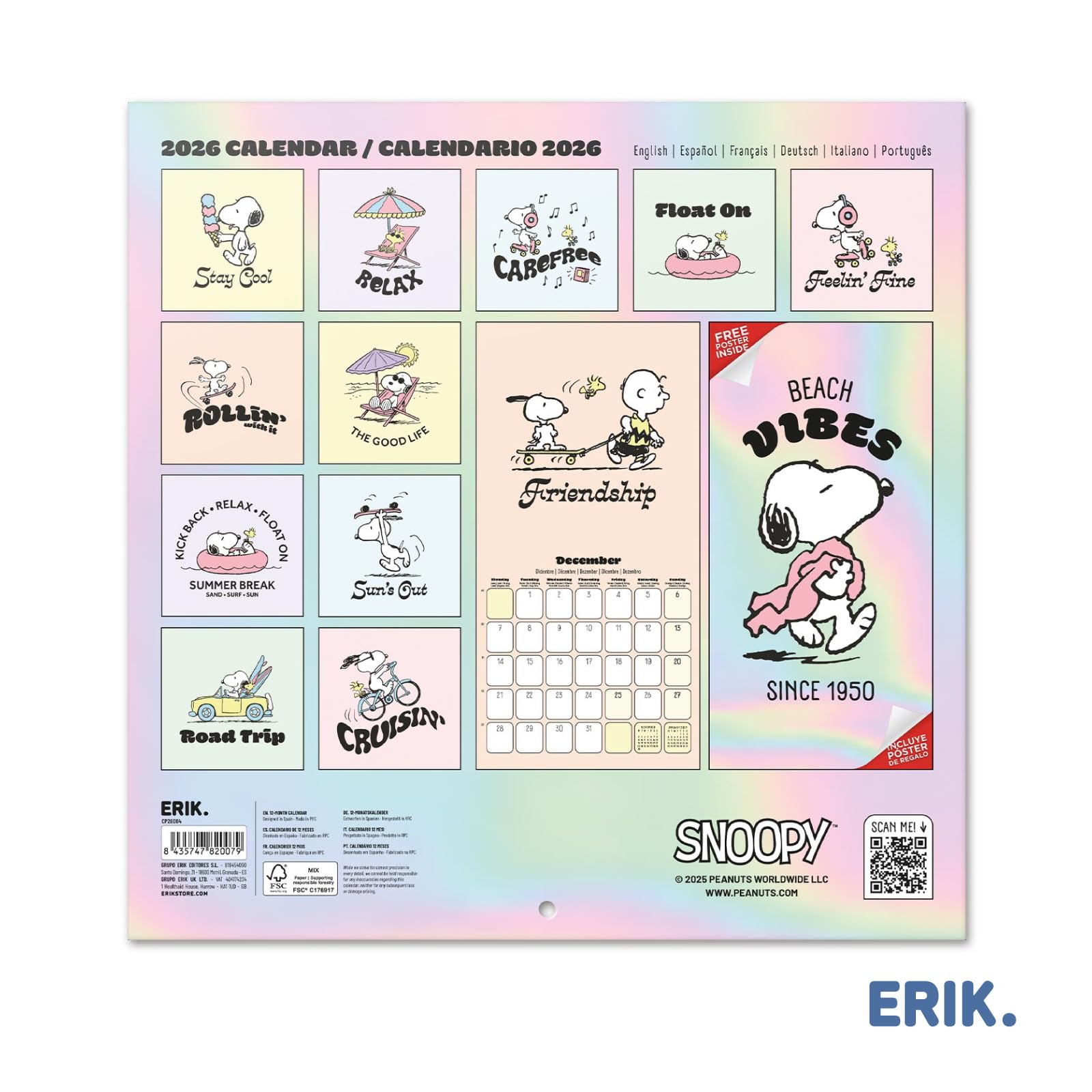 Grupo Erik Wall Calendar 2026 - Snoopy Calendar 2026 | Square 30 x 30 cm - 12 x 12 inches Wall Planner, Family Planner Month To View | Peanuts Snoopy Gifts For Dog Lovers, Gifts For Friends