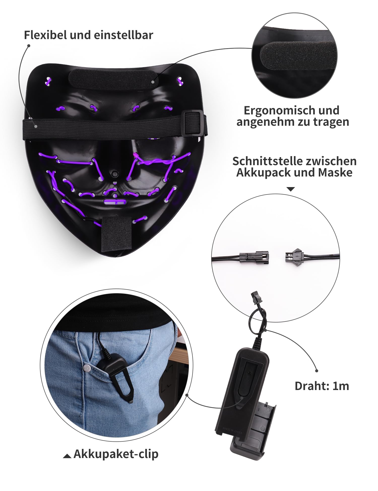 AnanBros - Maschera per Halloween, con luci a LED, maschera, per Halloween, 3 modalità di illuminazione, per cosplay e feste