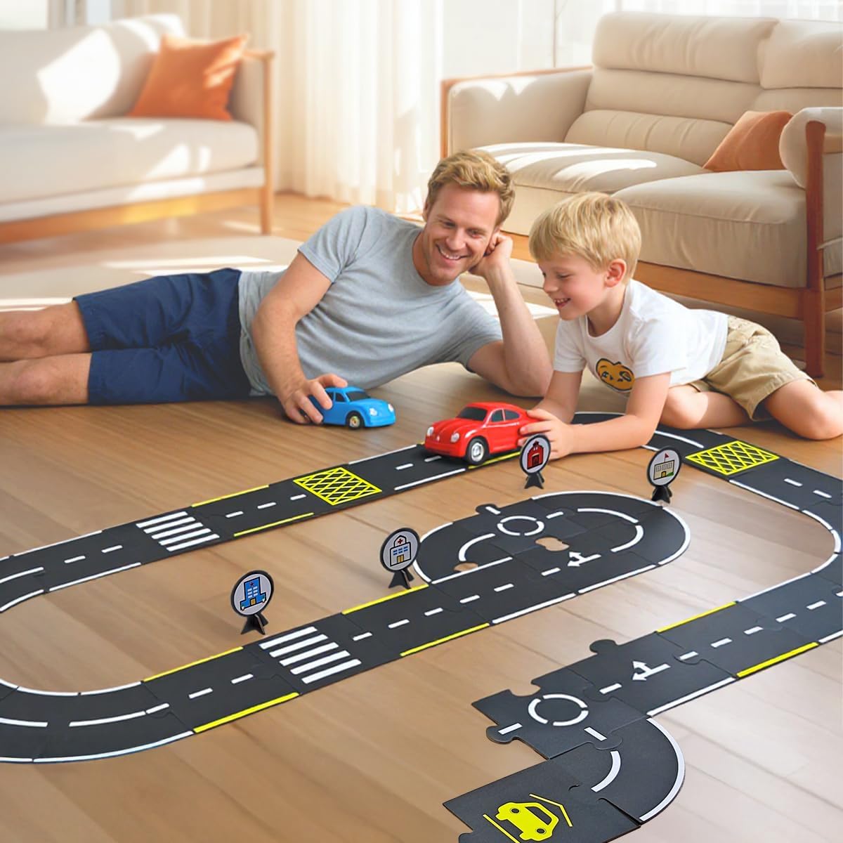 Jovi-mindly ＆Notchies 39 Pieces Cardboard Road Puzzle Car Track Flexible Race Track for Kids Car Truck/Kids Travel Toys/Stem Toys Activities for Ages 3+ Boy and Girl