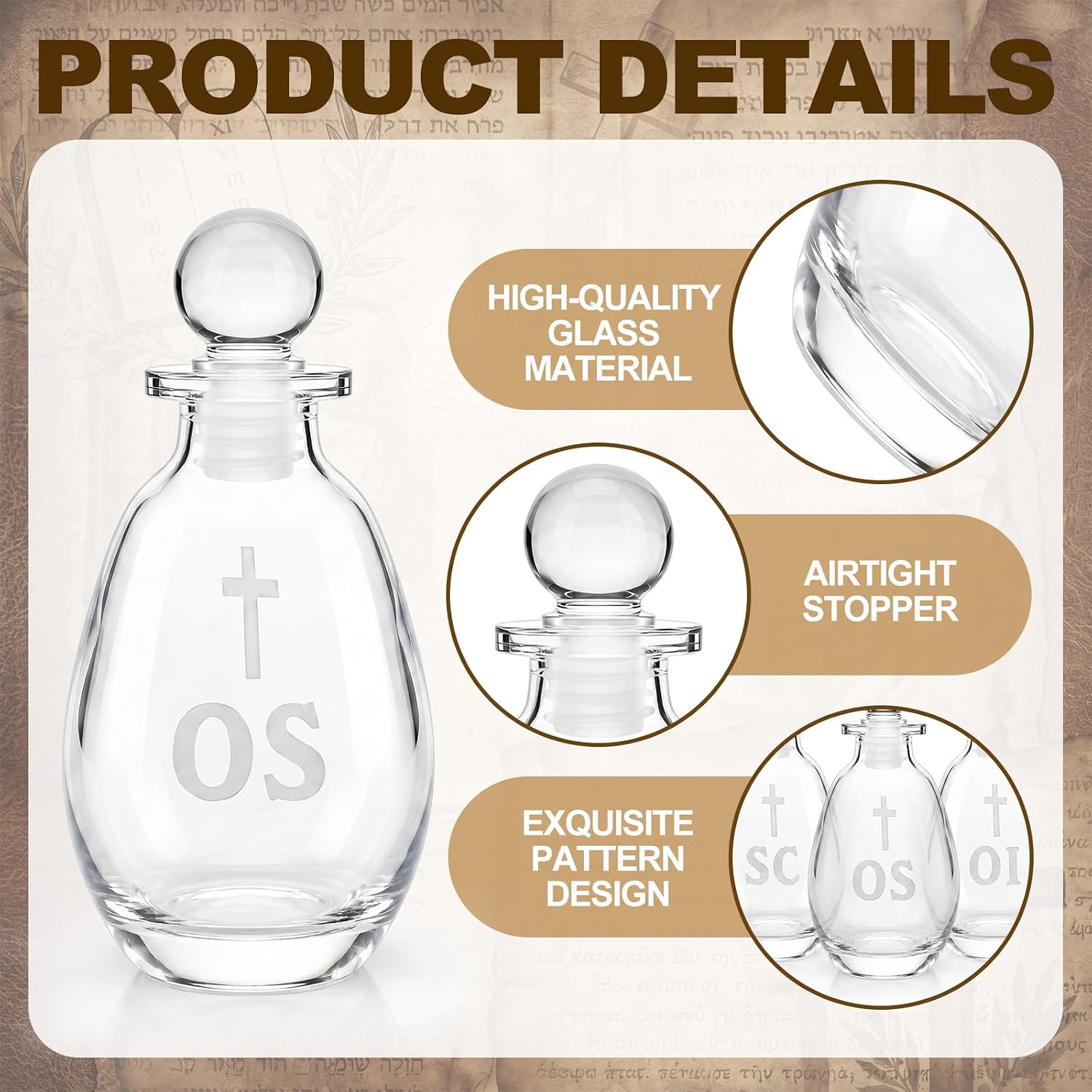 3 Pcs Anointing Oil Bottles Empty Glass Chrismal Set 180ml, Holy Oil Bottles with SC OI OS Cross Etched Labels, Catholic Church Supplies Stock for Priest Clergy Parish