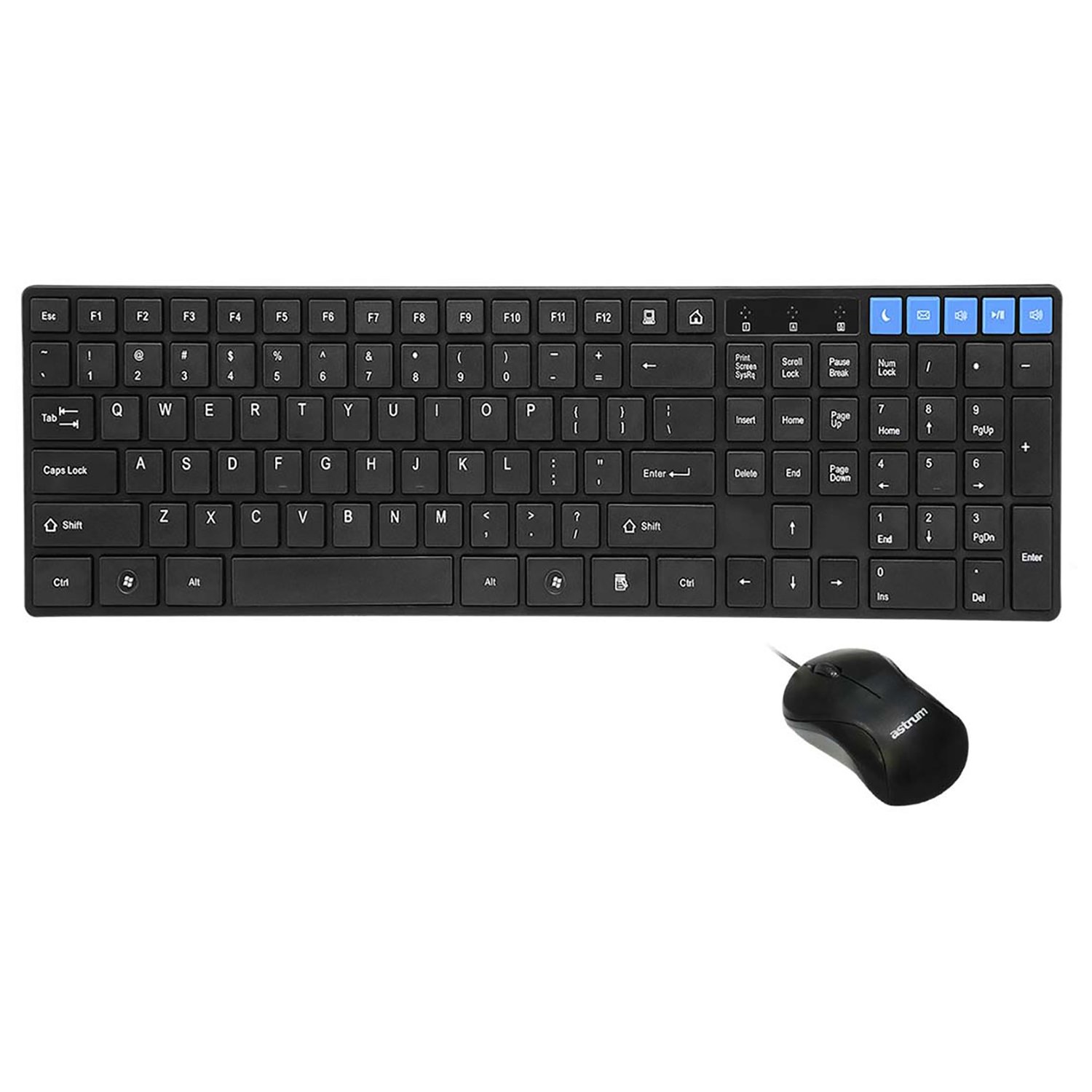 Top-down view of Astrum ELETE Combe UB USB Keyboard and Mouse Combo, highlighting multimedia keys
